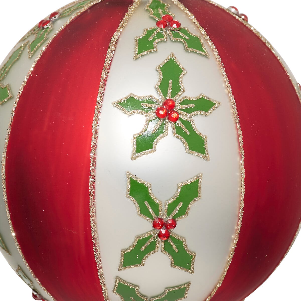 Bola de natal com riscas e azevinho 8cm