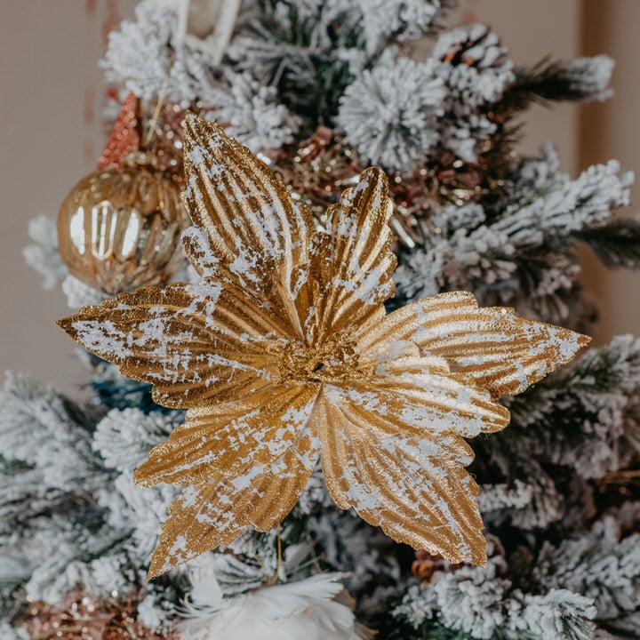 Flor natalícia dourada com pinça 23cm,  Flor natalícia dourada com pinça 23cm