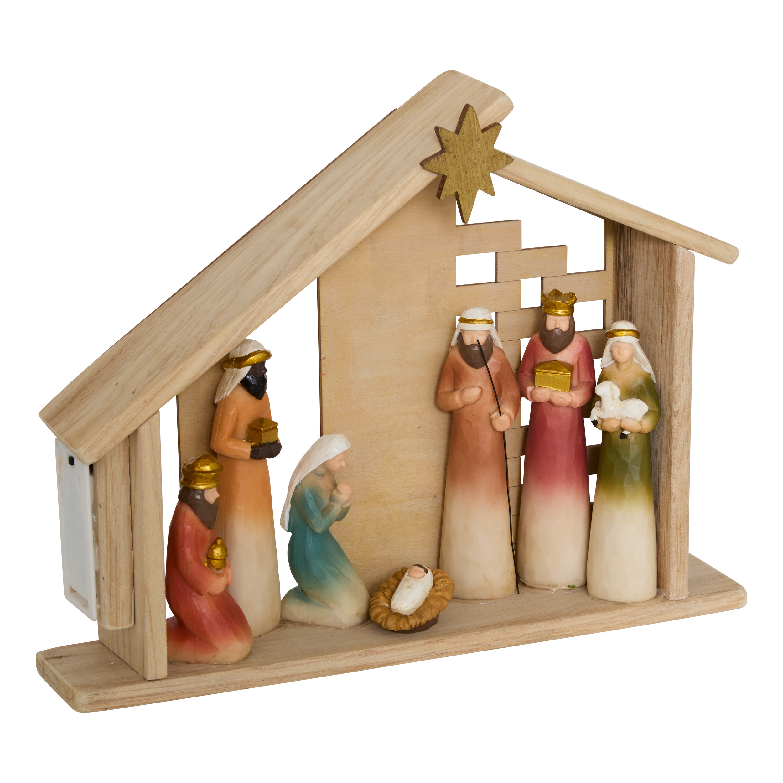 Pres&eacute;pio com cabana led e 8 figuras 30x6x24cm