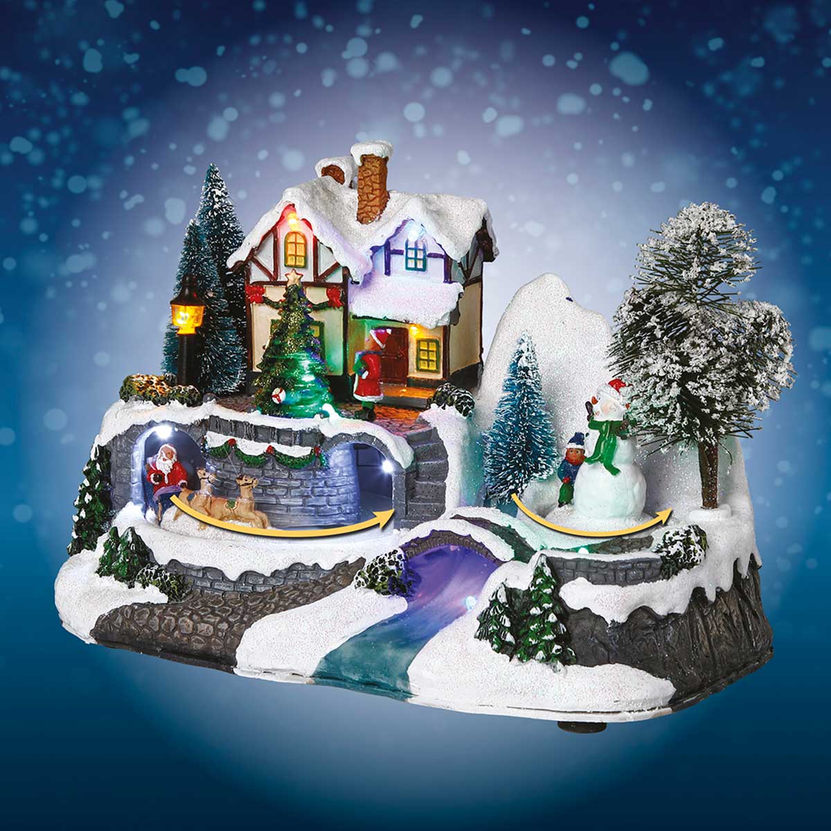 Aldeia luminosa com casa e pai natal