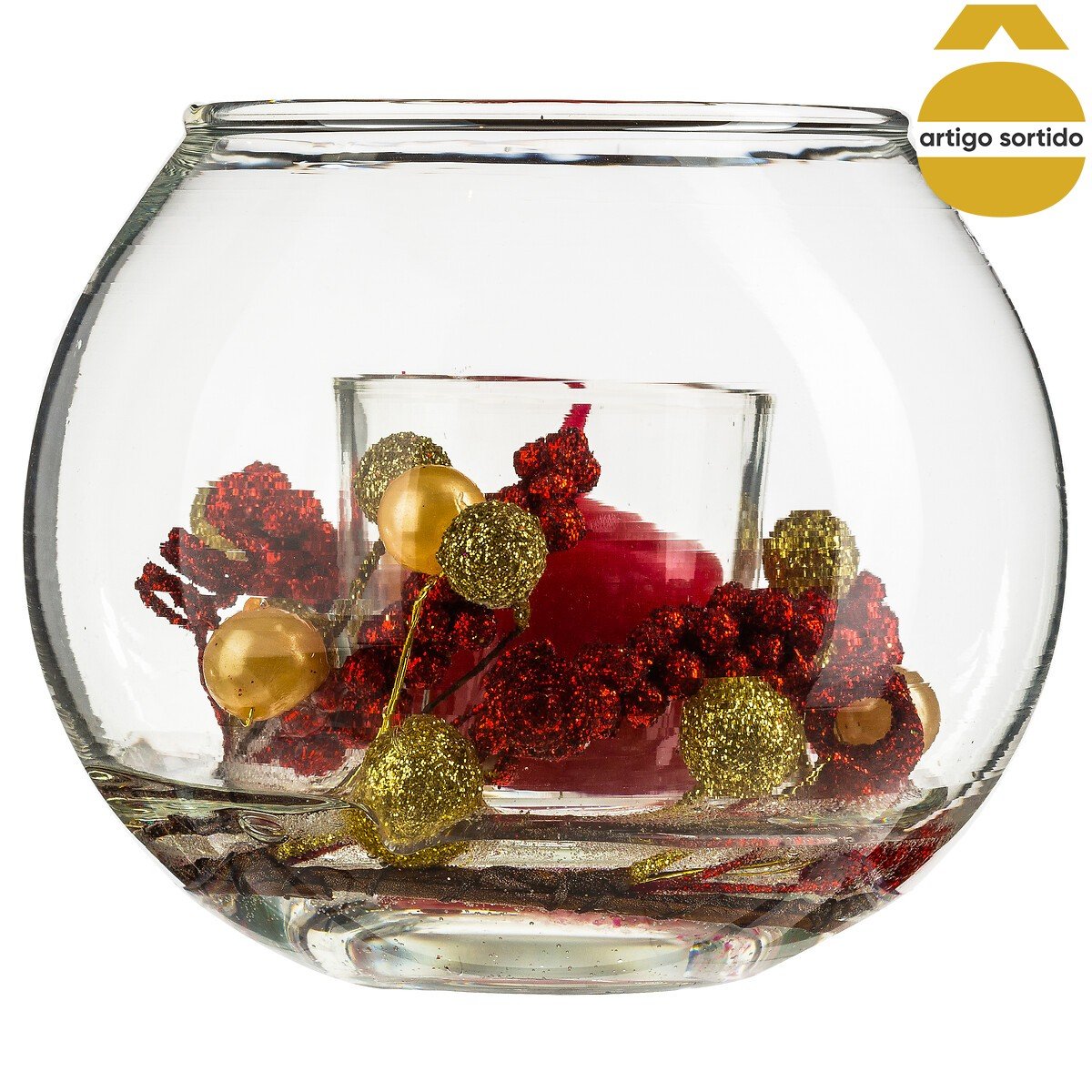 Vela com arranjo natal&iacute;cio em casti&ccedil;al de vidro