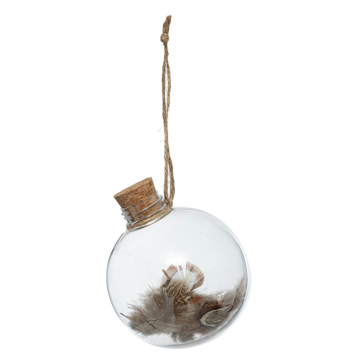 Bola em forma de frasco com rolha de cortiça com plumas 9,5x8cm,  Bola em forma de frasco com rolha de cortiça com plumas 9,5x8cm