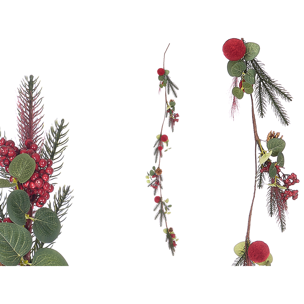 Grinalda eucalipto com baga e pompons 152cm