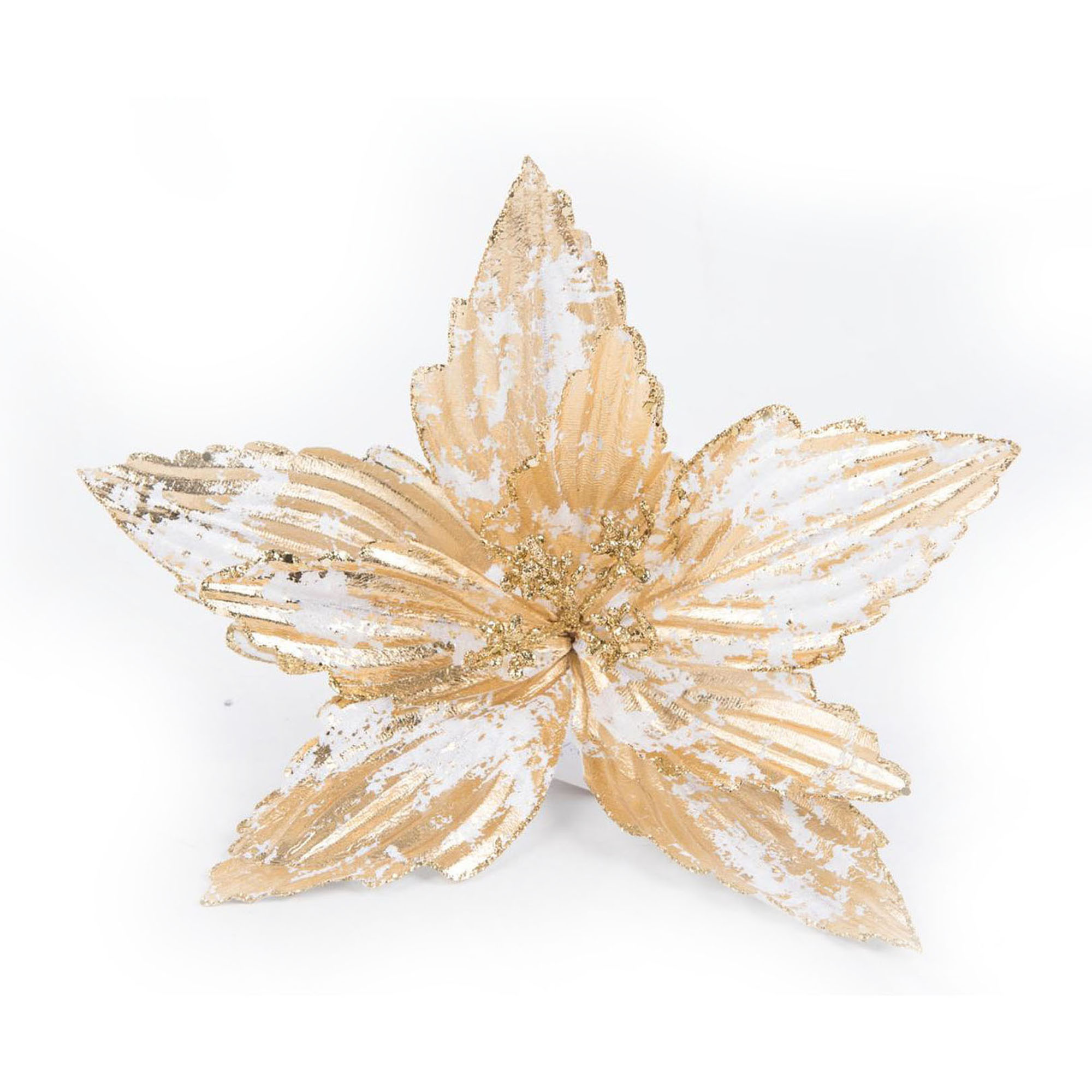 Flor natalícia dourada com pinça 23cm,  Flor natalícia dourada com pinça 23cm