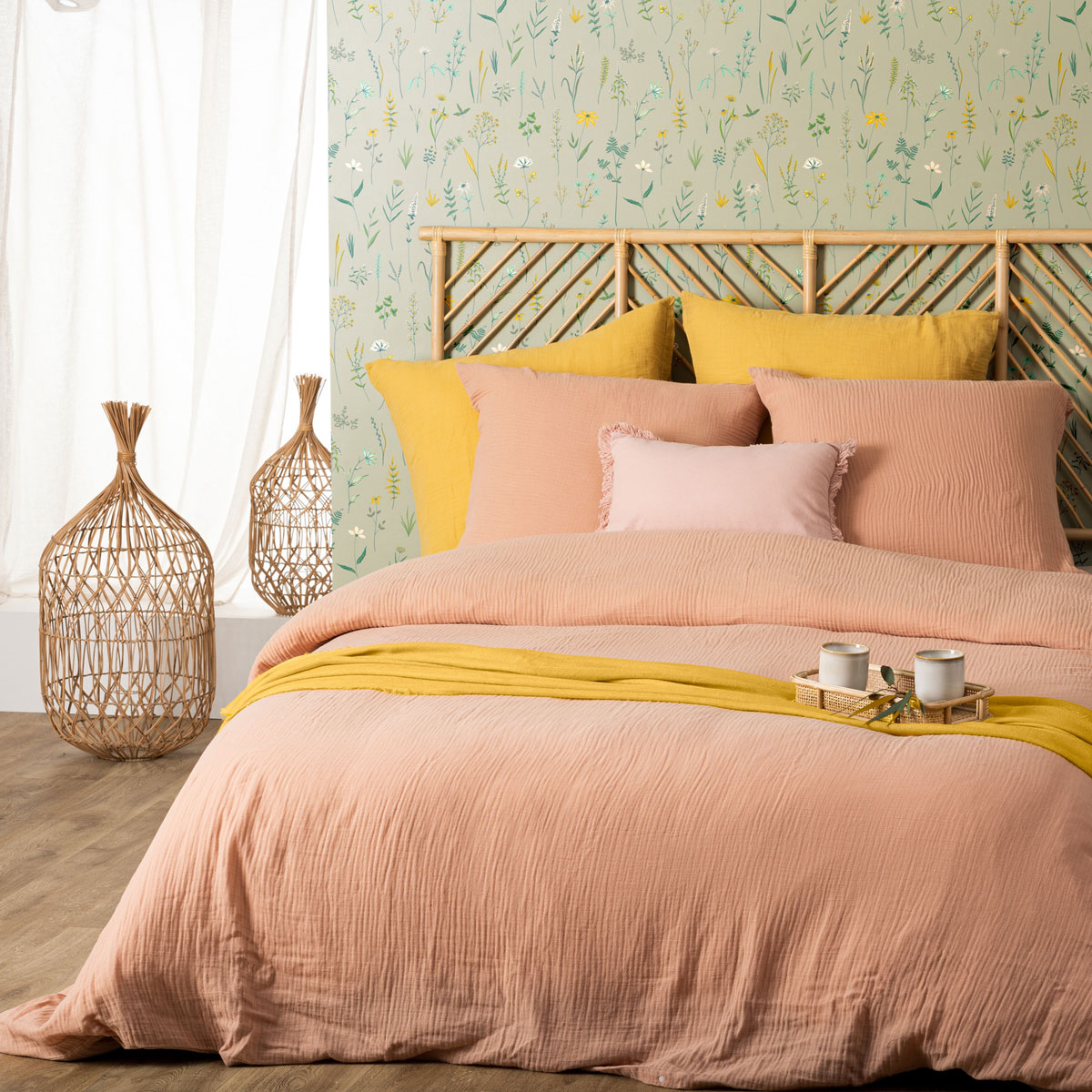 Capa de edredão e 2 capas de almofada gaze rosa 220x240cm