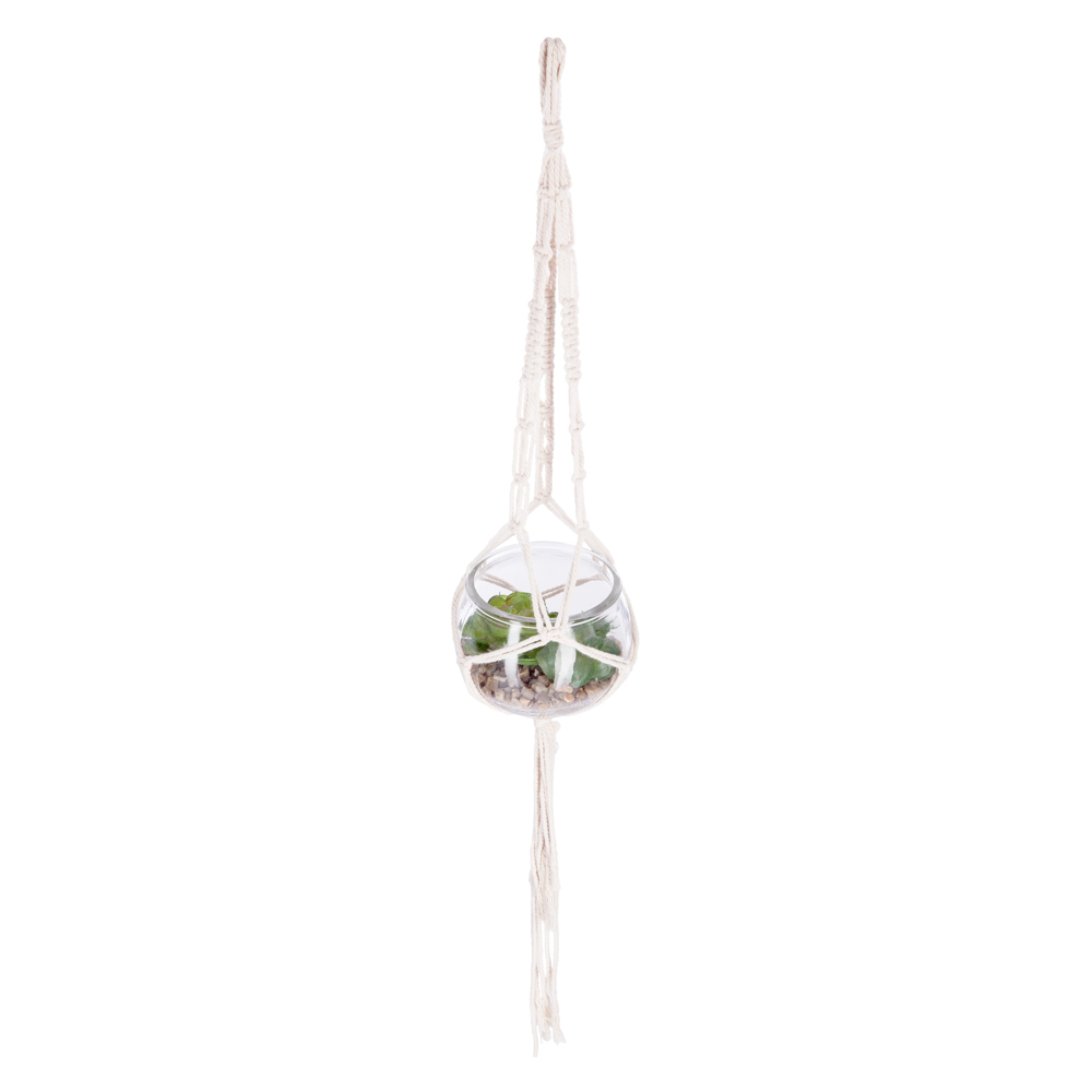 Jarra de vidro suspensa com planta artificial