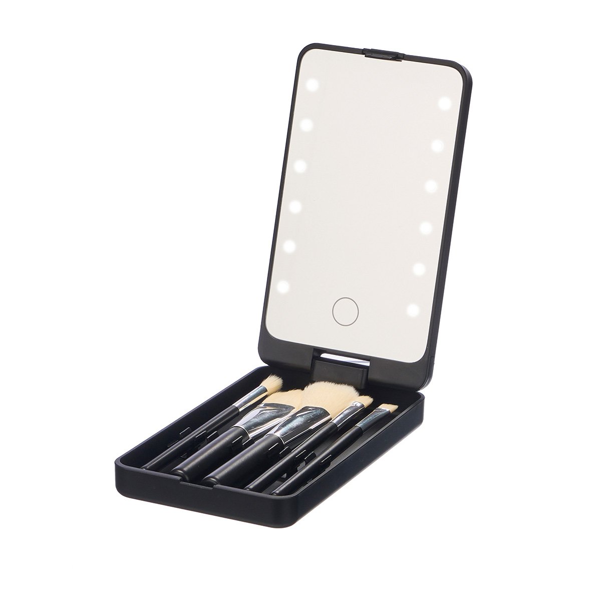 Conjunto espelho com 5 pinc&eacute;is de maquilhagem