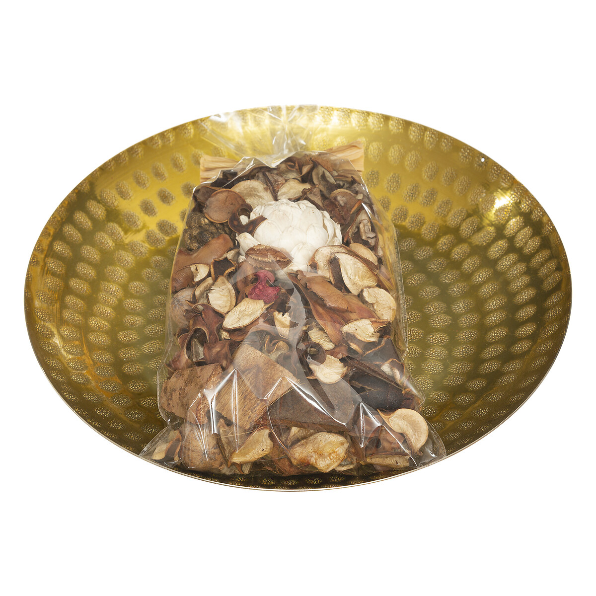 Pot-pourri jasmim com prato de metal dourado