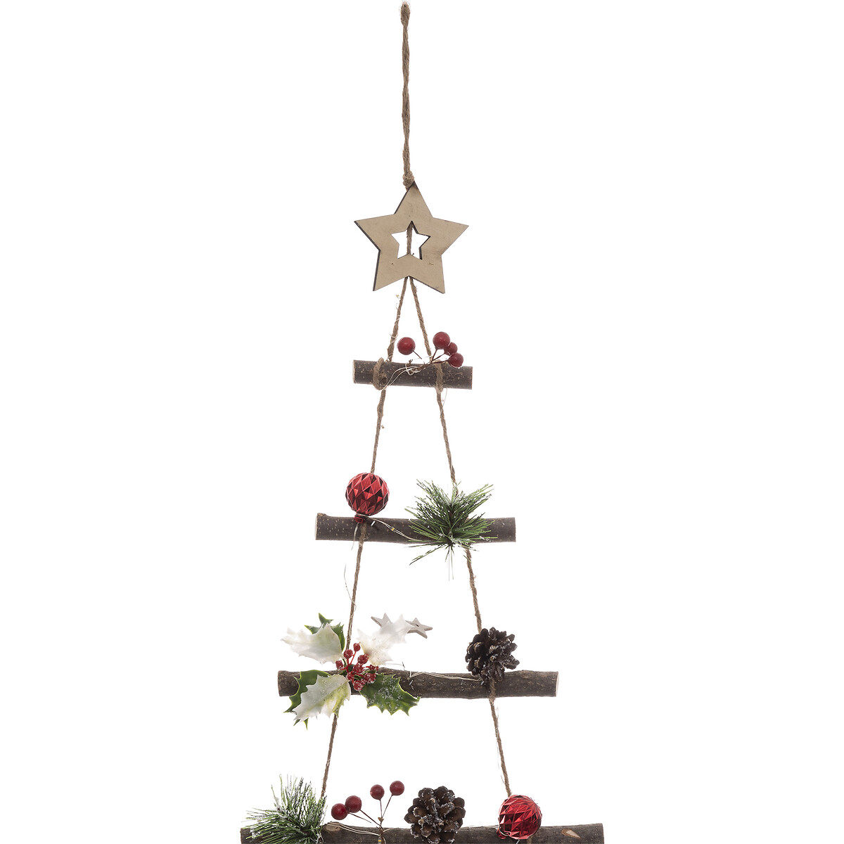 &Aacute;rvore suspensa com led decorada com pinhas e bagas