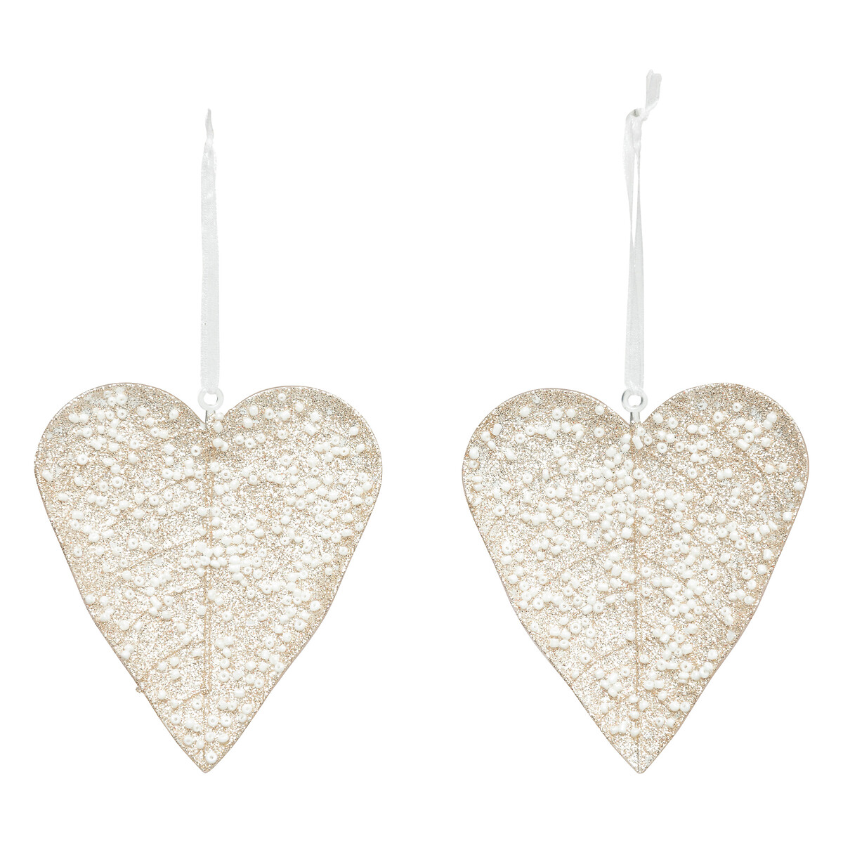 Conjunto de 2 pendurantes em forma de cora&ccedil;&atilde;o dourado com glitter 10cm