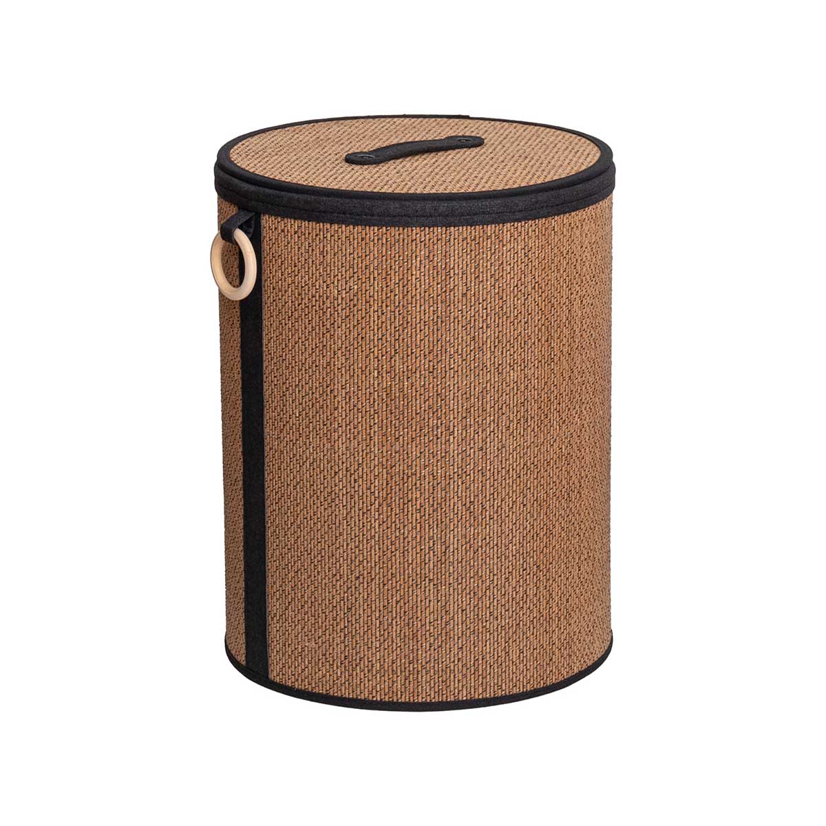 Cesto wc em bambu com tampa e al&ccedil;a de madeira 48cm