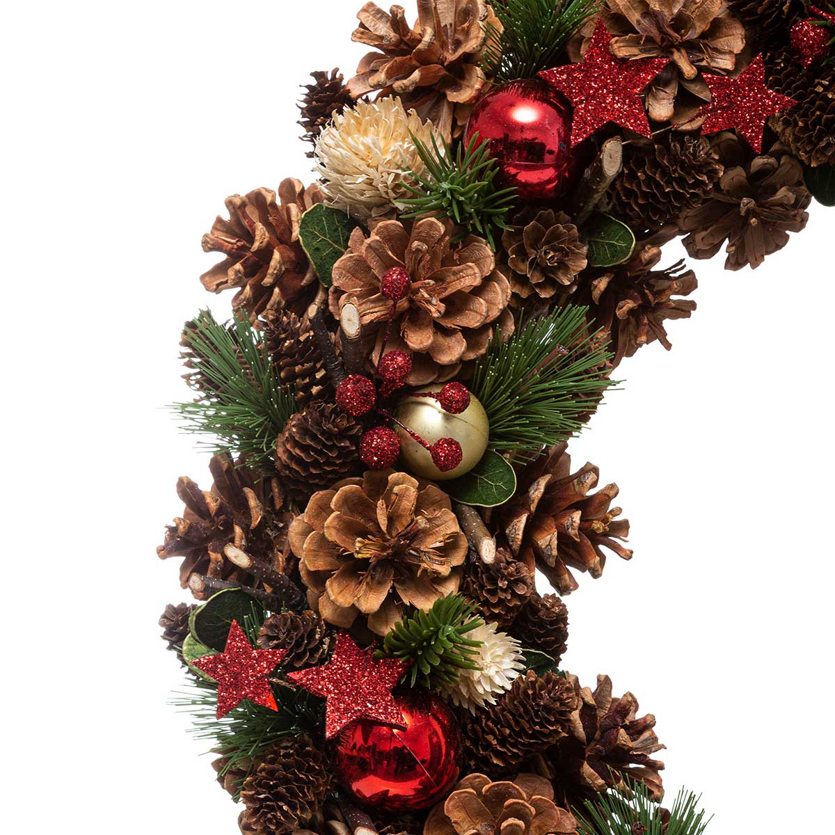 Coroa de natal com pinhas e estrelas 50cm