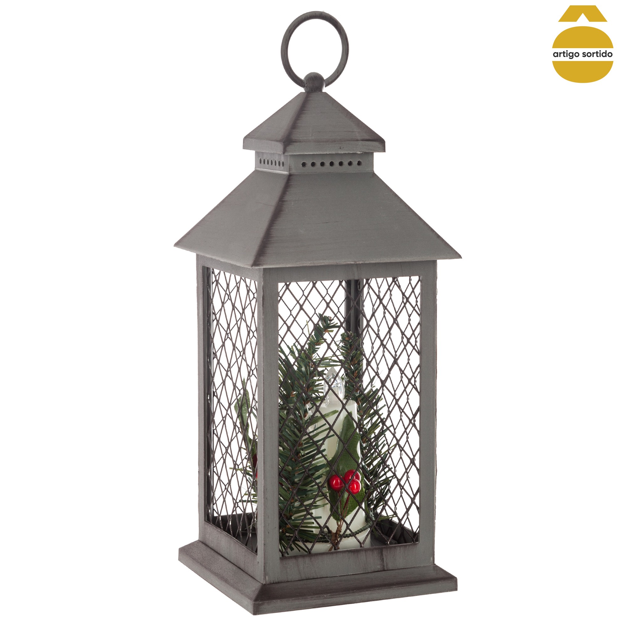 Lanterna com vela e led 31cm