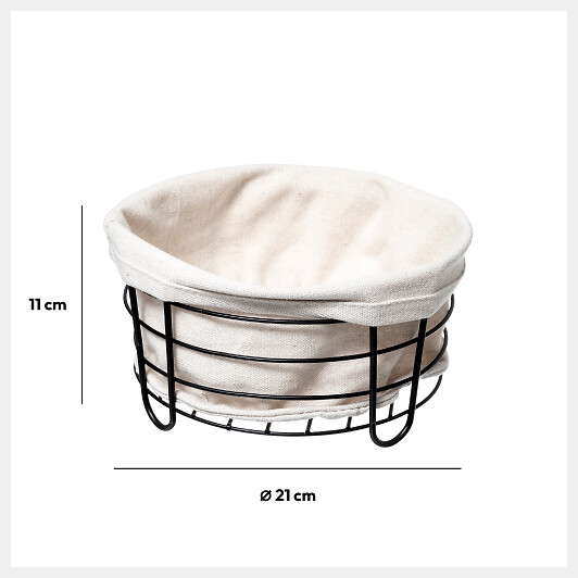 Cesto de pão em metal preto com tecido branco