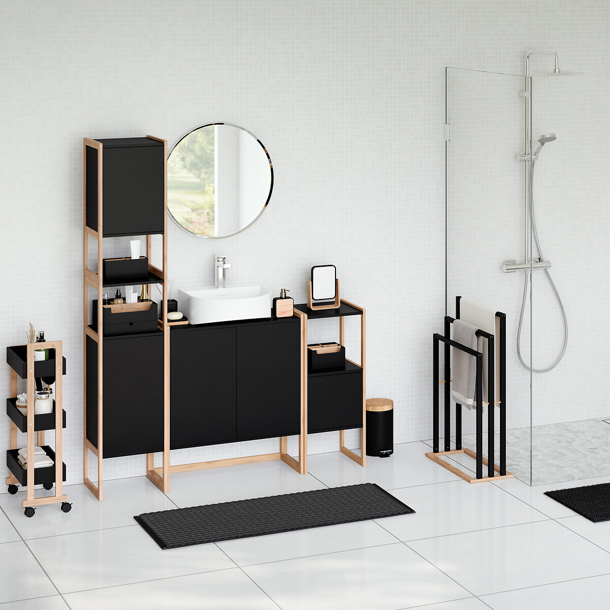 Estante wc preto em bambu com 3 níveis