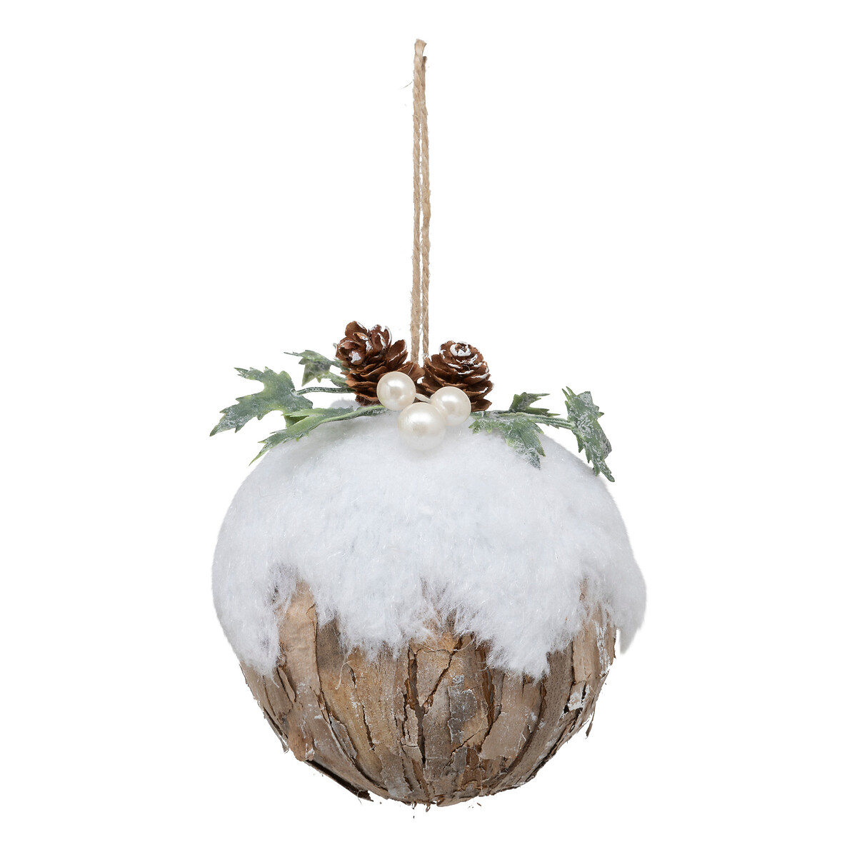 Bola decorativa com bagas e folhas com efeito neve 9cm