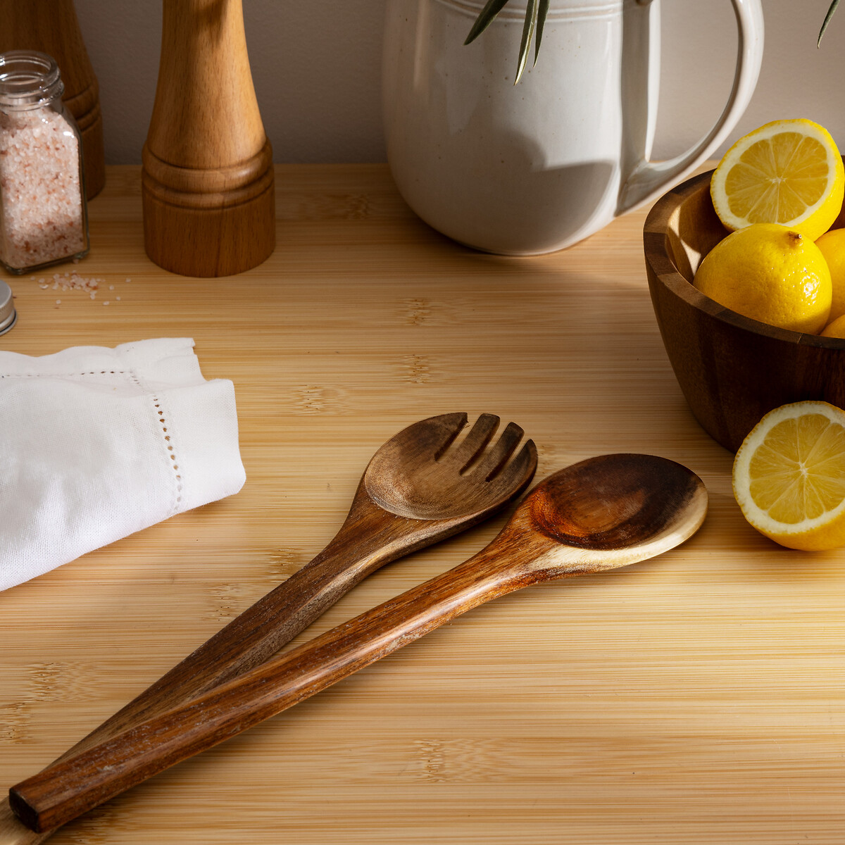 Conjunto de 2 talheres em madeira ac&aacute;cia para salada