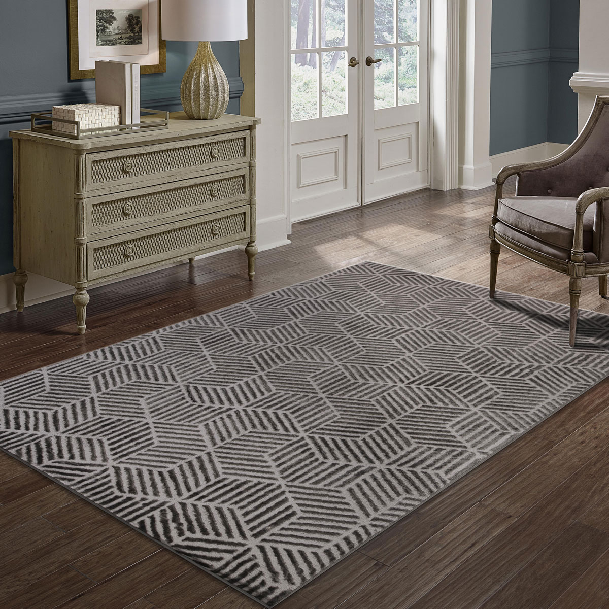 Tapete ZAHA geom&eacute;trico cinza antracite 160x235cm