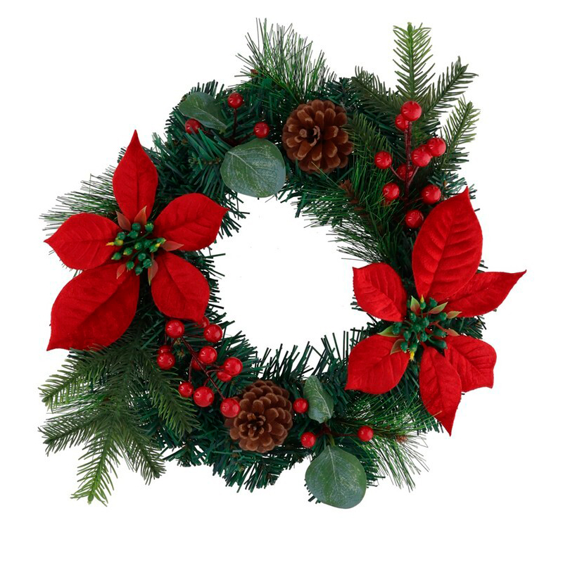 Coroa com poinsettias e bagas 35cm