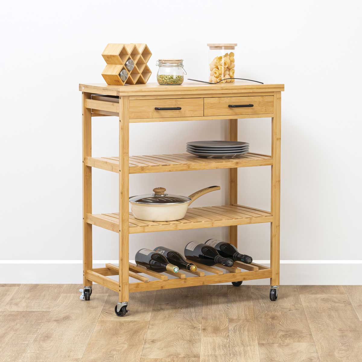 Móvel de apoio castanho em bambu com 3 prateleiras,  Móvel de apoio castanho em bambu com 3 prateleiras