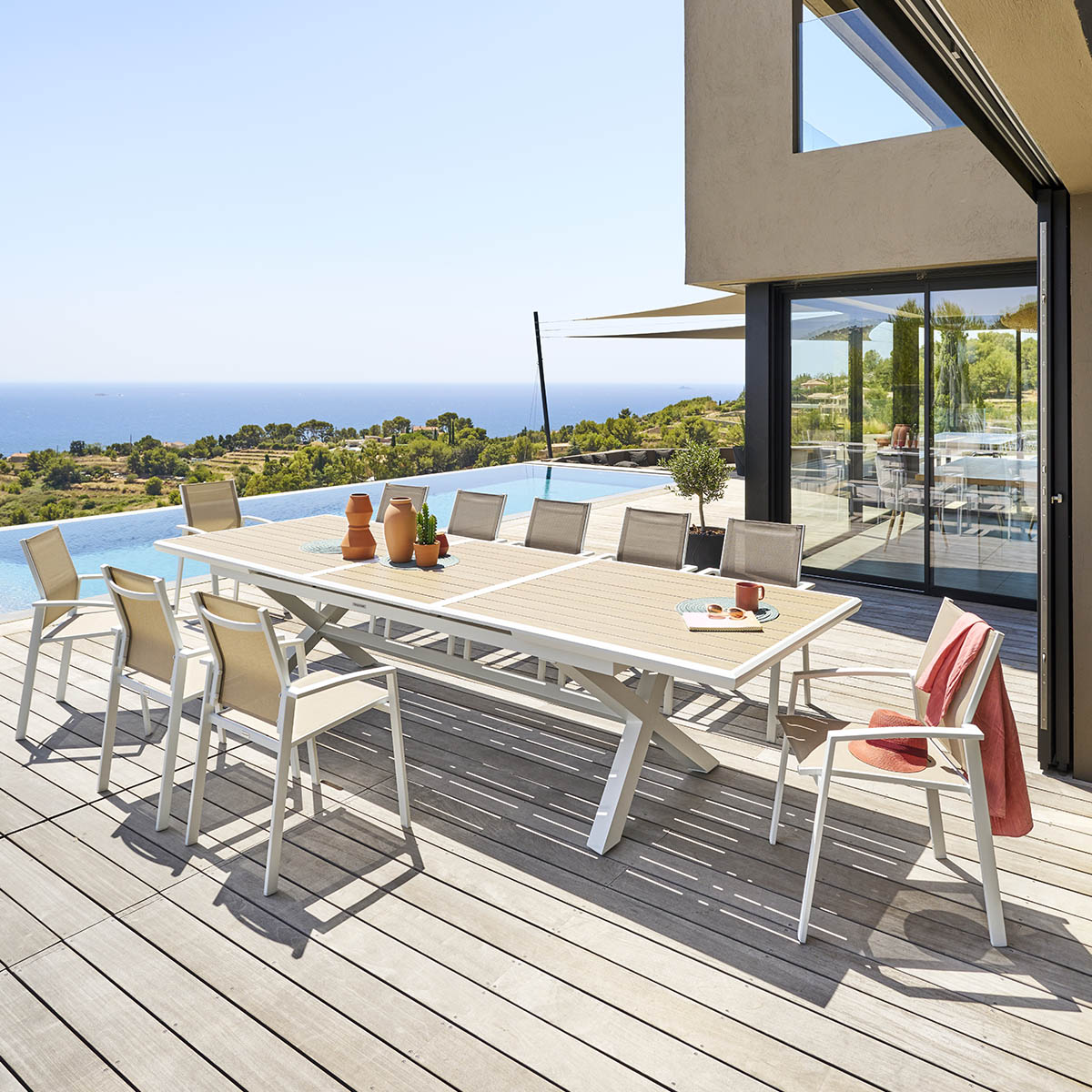 Mesa extens&iacute;vel AXIOME linho e branco 250-330cm