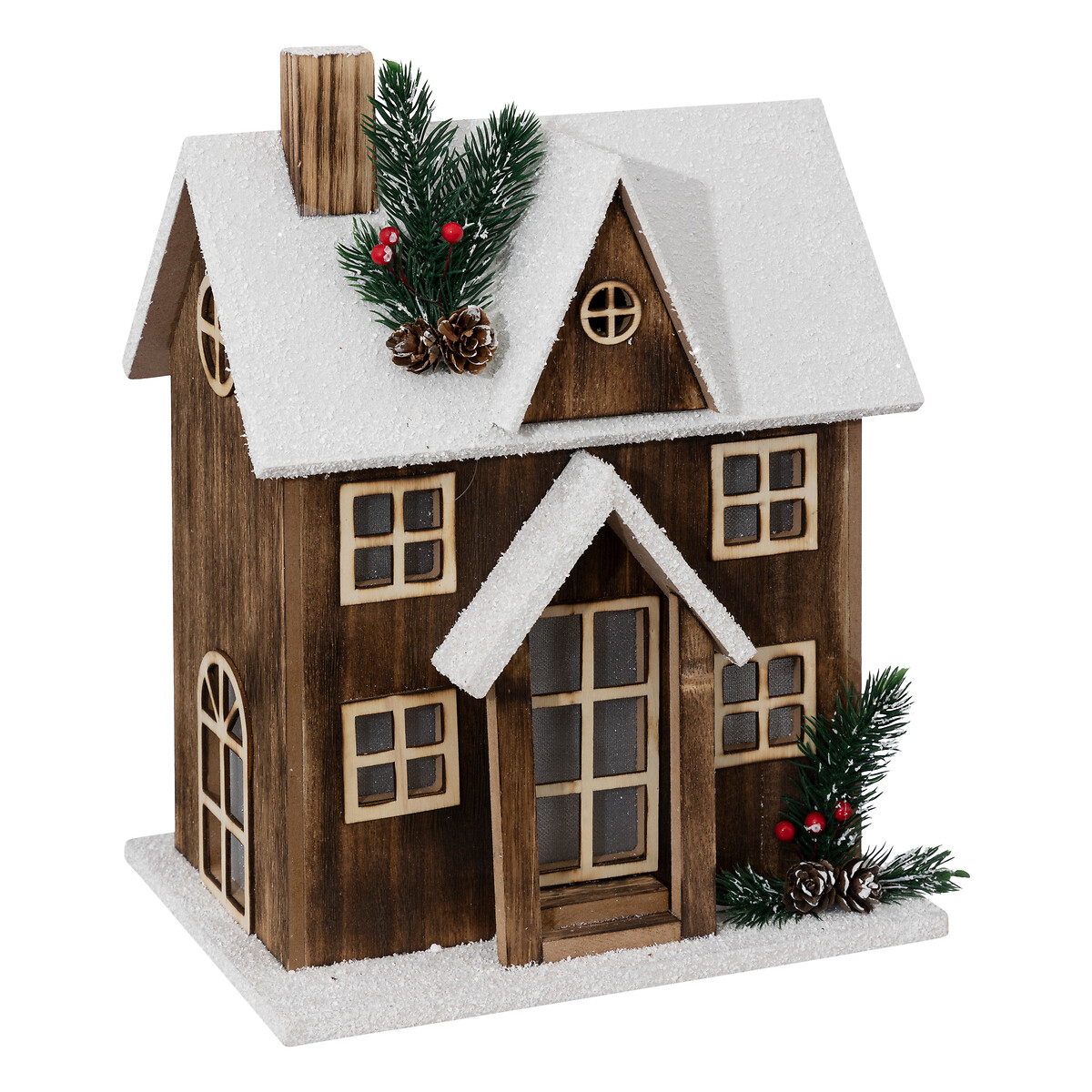 Casinha de madeira com neve e led