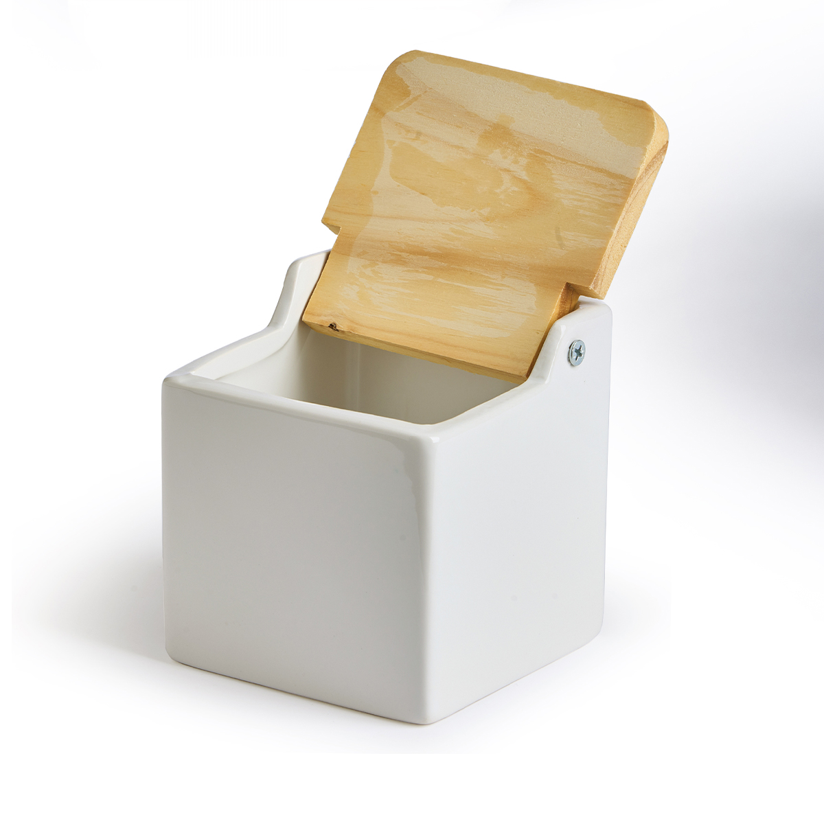 Saleiro branco de cer&acirc;mica com tampa em madeira 500ml