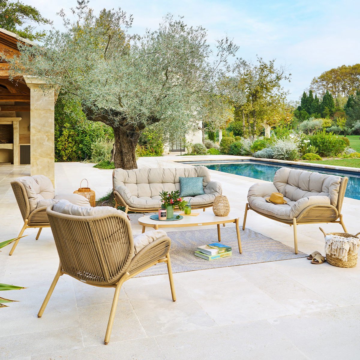 Conjunto de jardim MELOANE efeito madeira 7 lugares