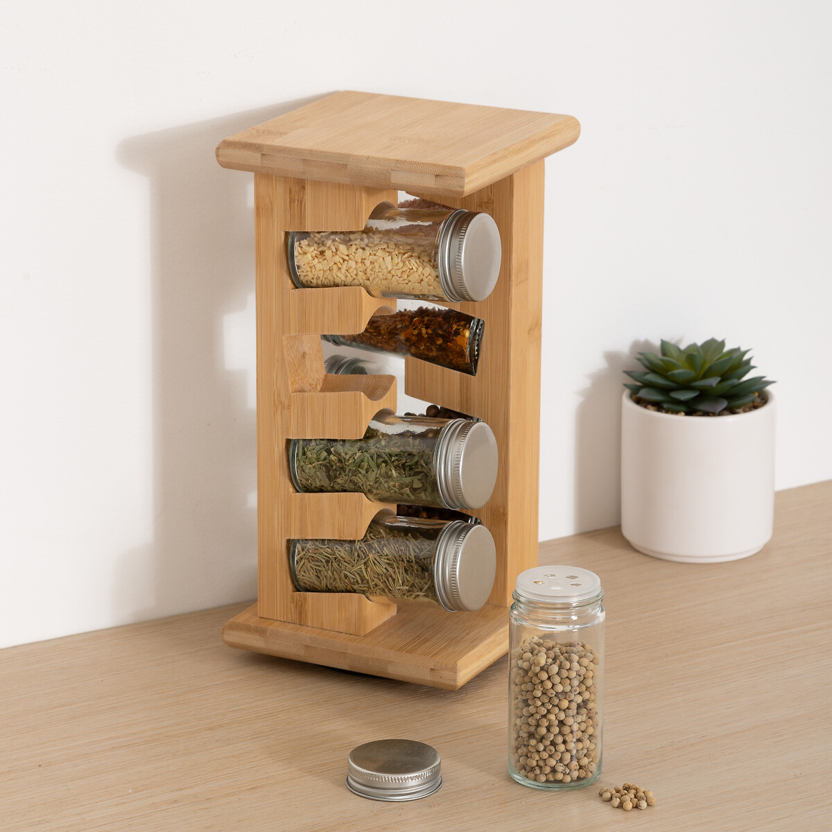 Conjunto de 8 frascos para especiarias com suporte COZY em bambu