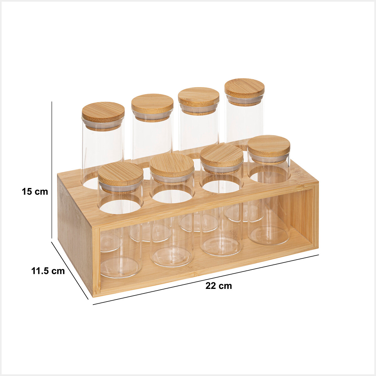 Conjunto de 8 frascos para especiarias com tampa de bambu