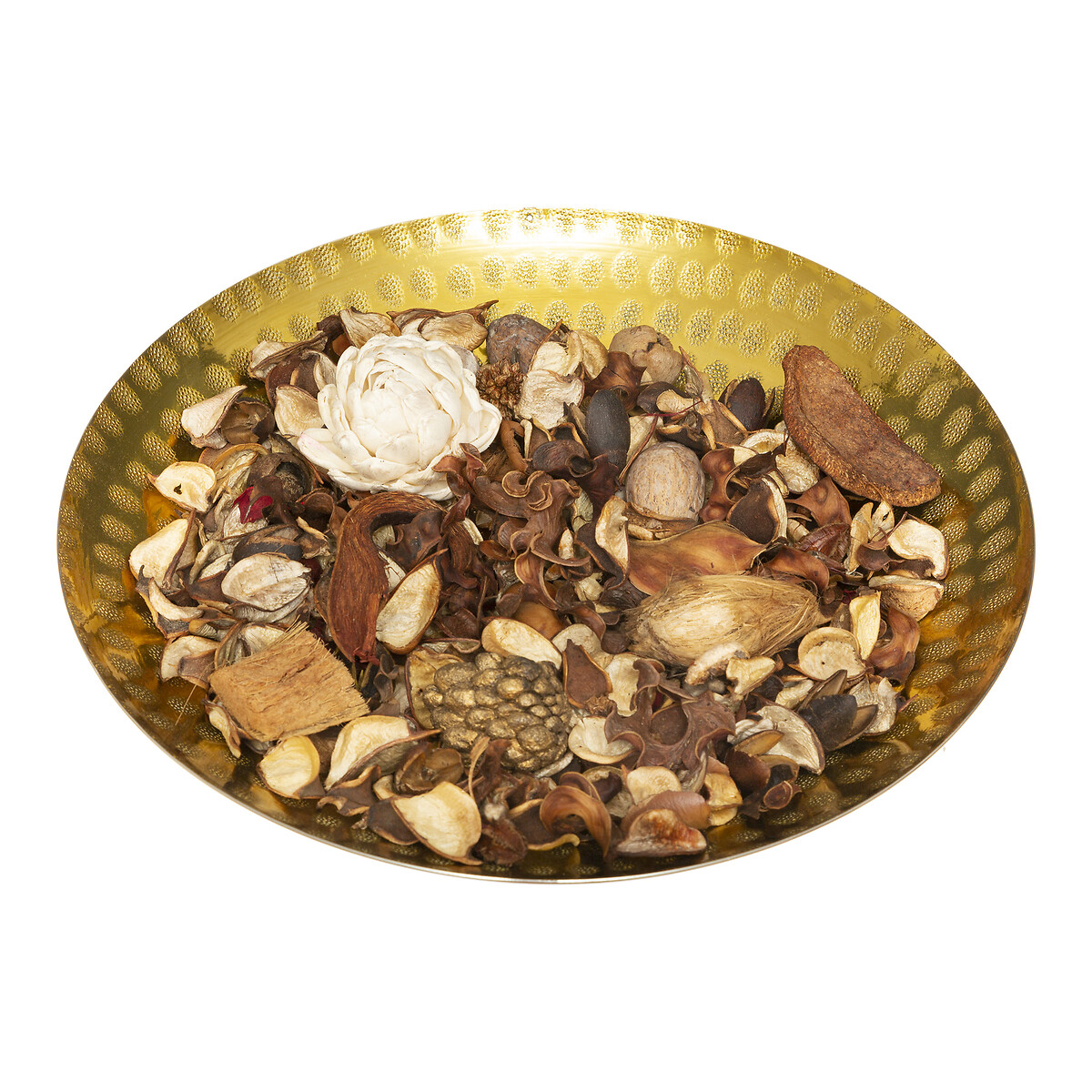 Pot-pourri jasmim com prato de metal dourado