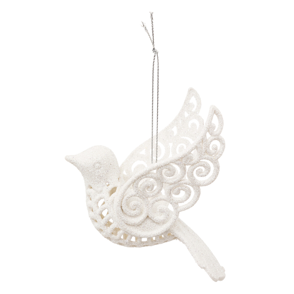 Pendurante em forma de p&aacute;ssaro branco com glitter 10cm