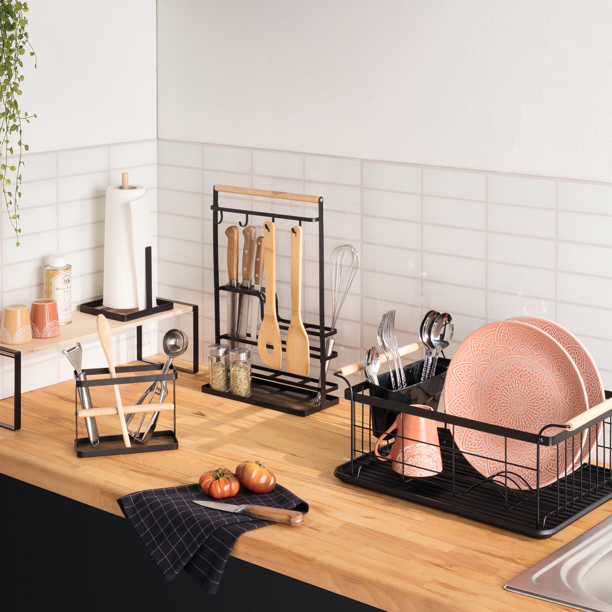 Estante de cozinha para bancada em madeira