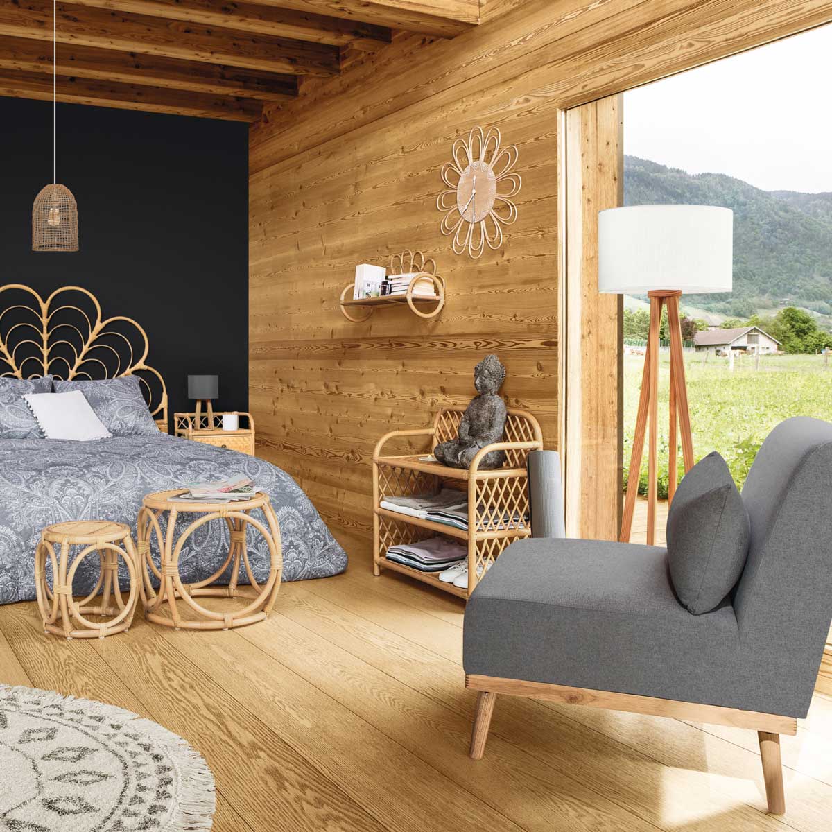 Candeeiro de pé MOLU em madeira pinho com abajur branco