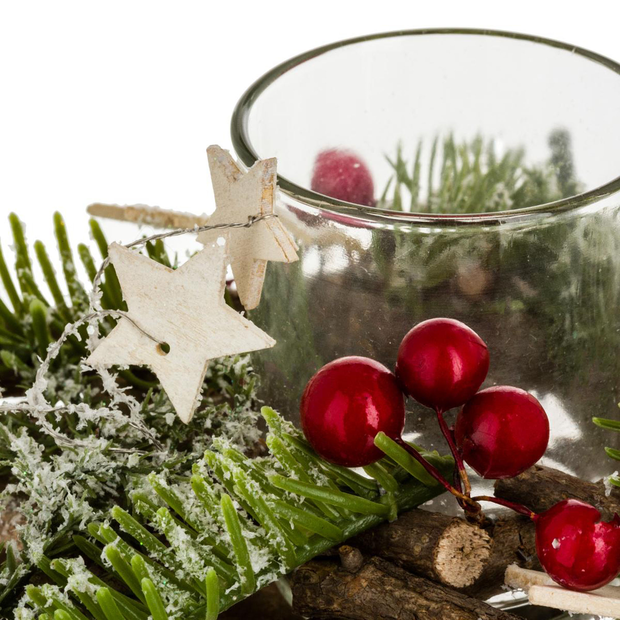 Castiçal estrela decorado em madeira e vidro,  Castiçal estrela decorado em madeira e vidro