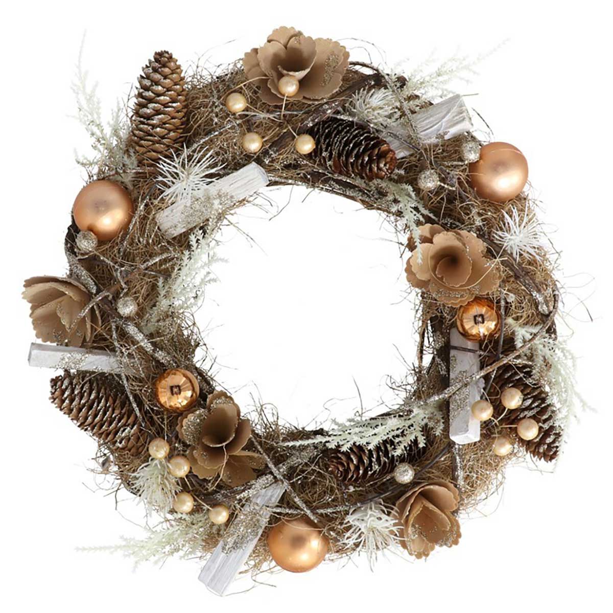 Coroa flores secas com pinhas e bolas 34cm,  Coroa flores secas com pinhas e bolas 34cm
