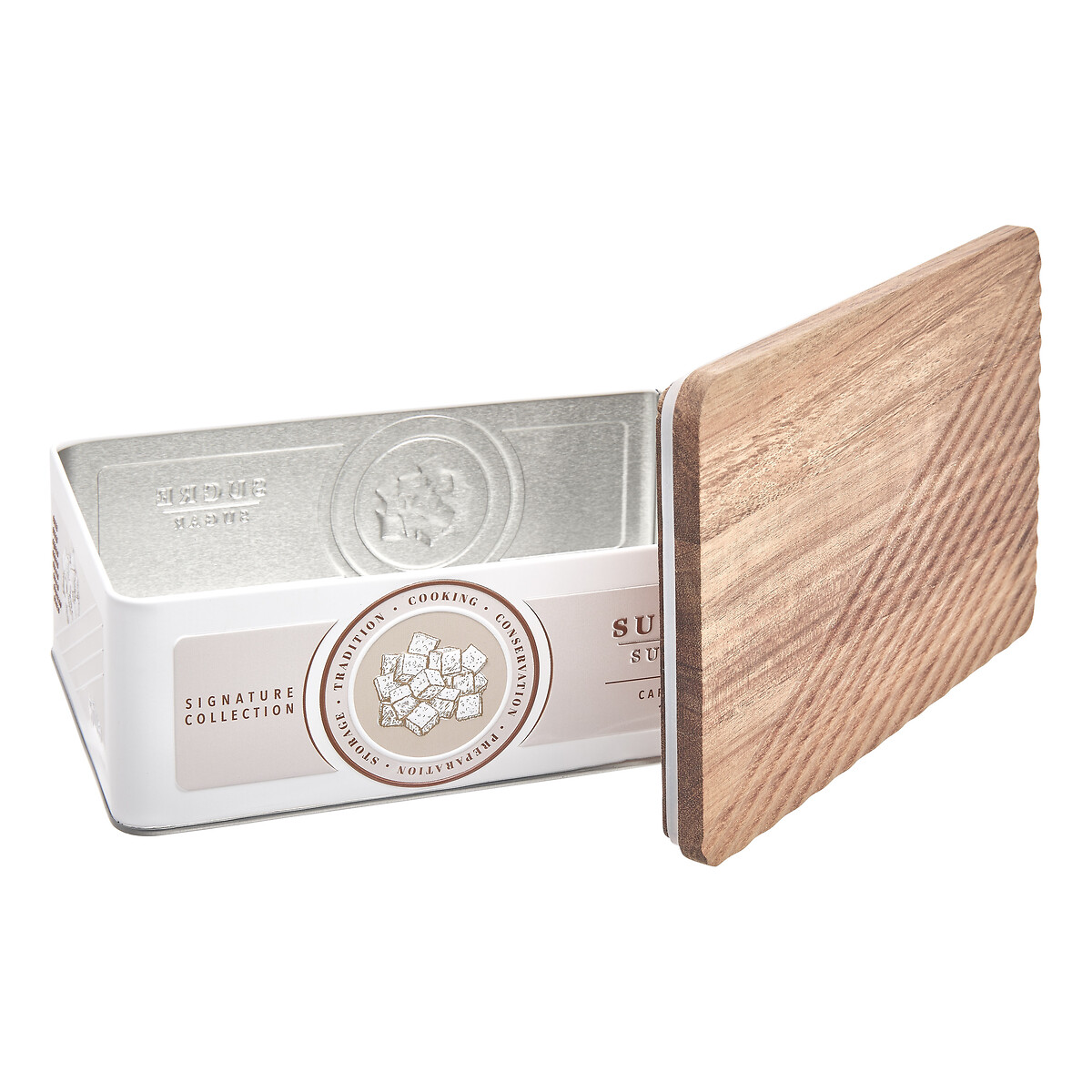 Lata para a&ccedil;&uacute;car bege de metal com tampa