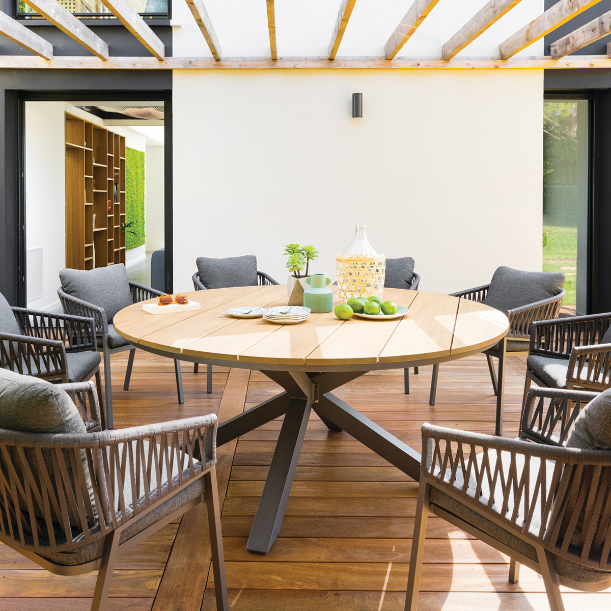 Mesa ORIENGO redonda graphite em madeira acácia 160cm,  Mesa ORIENGO redonda graphite em madeira acácia 160cm