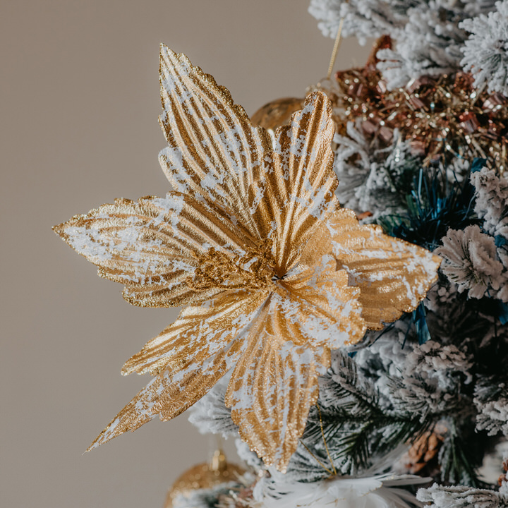 Flor natalícia dourada com pinça 23cm,  Flor natalícia dourada com pinça 23cm