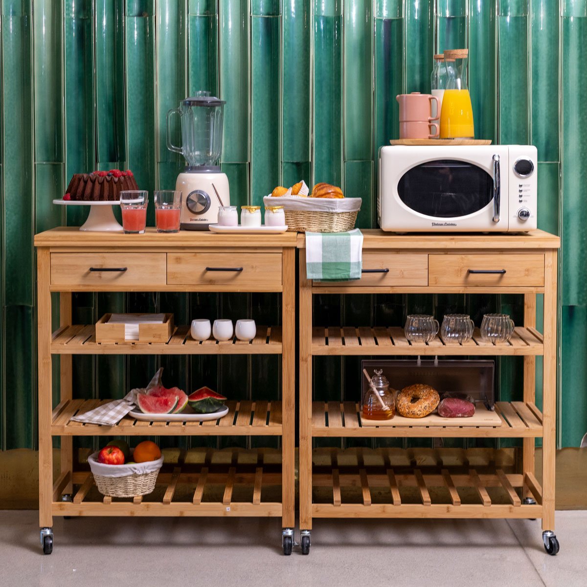 M&oacute;vel de apoio castanho em bambu com 3 prateleiras