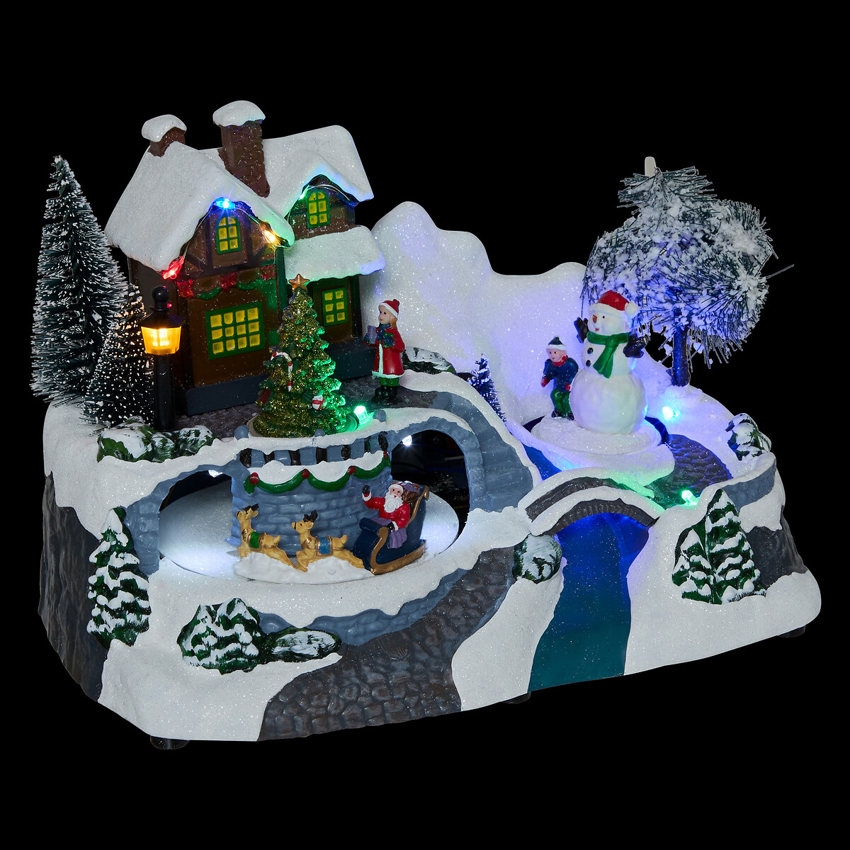Aldeia luminosa com casa e pai natal