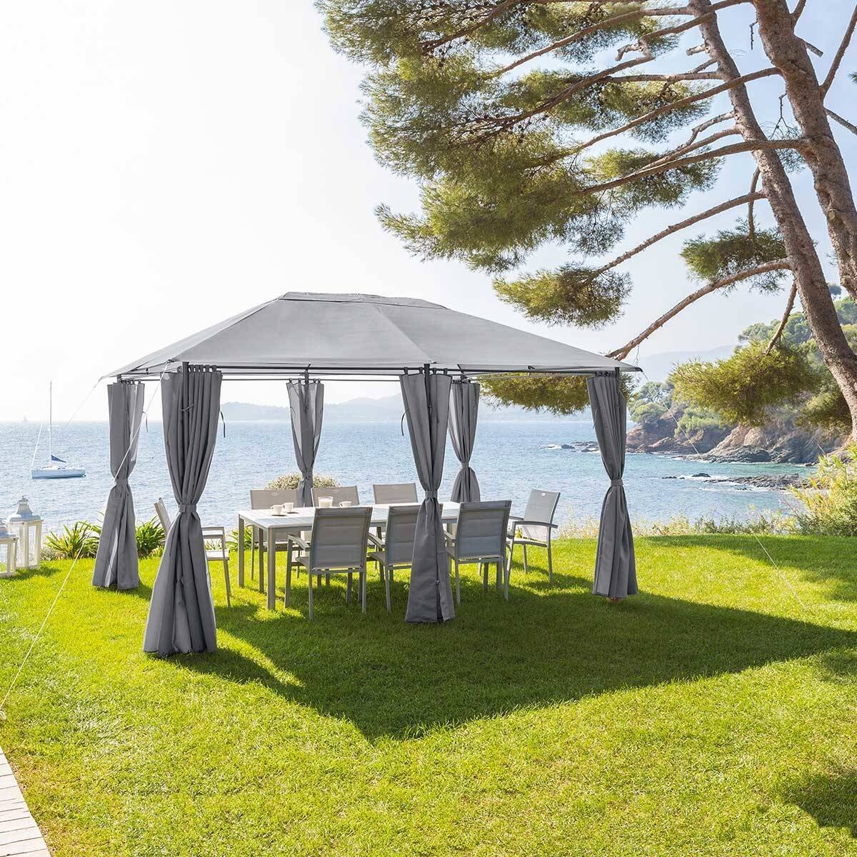 P&eacute;rgola SANTORINI cinza ard&oacute;sia com cortinas 3x4m
