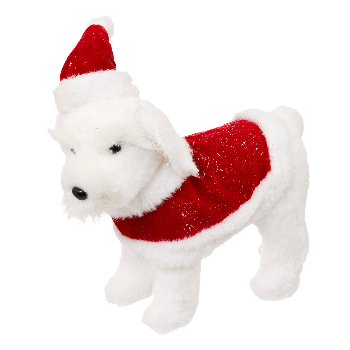 Figura de c&atilde;o com fato de natal branco e vermelho 30cm