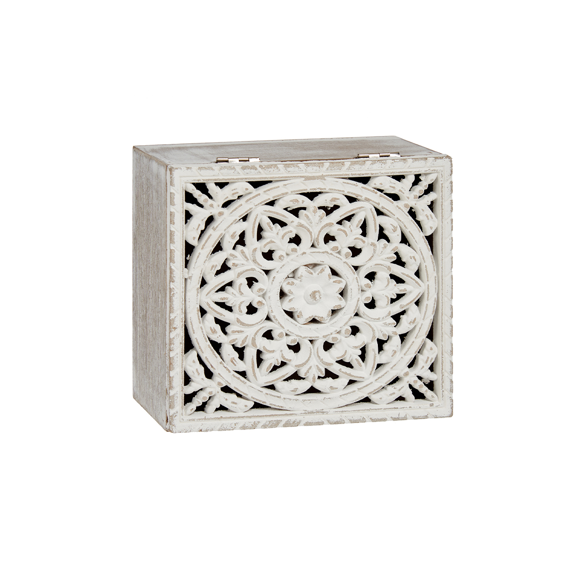 Caixa decorativa branca perfurada em madeira 16,5x19,5cm