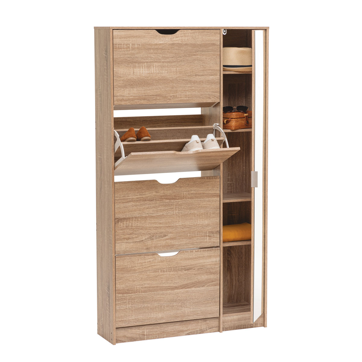 Sapateira castanha com 4 gavetas e porta com espelho