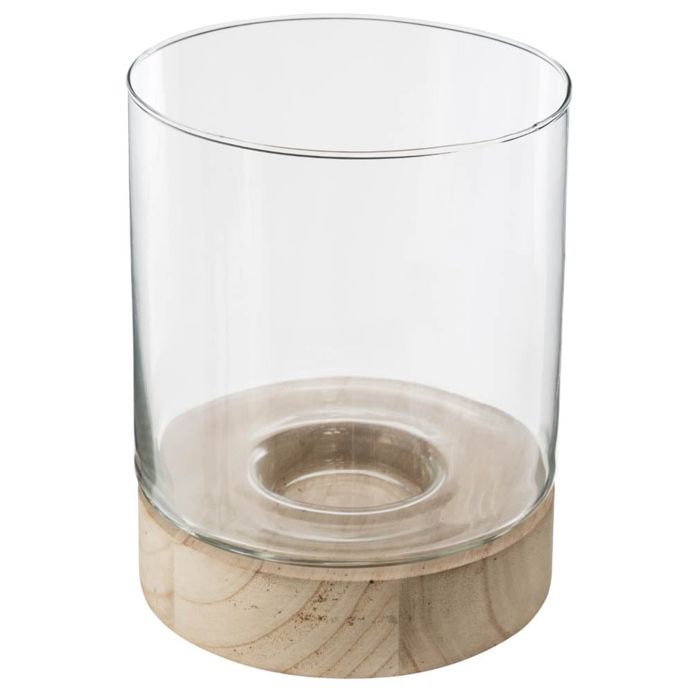 Castiçal em vidro com base em madeira 20x16cm,  Castiçal em vidro com base em madeira 20x16cm