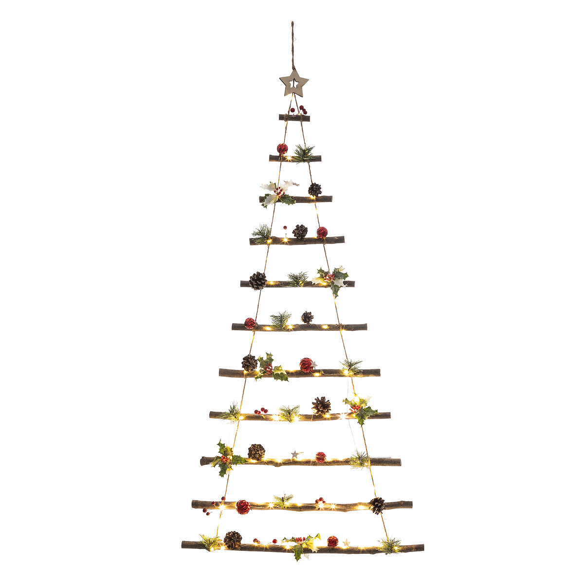 &Aacute;rvore suspensa com led decorada com pinhas e bagas