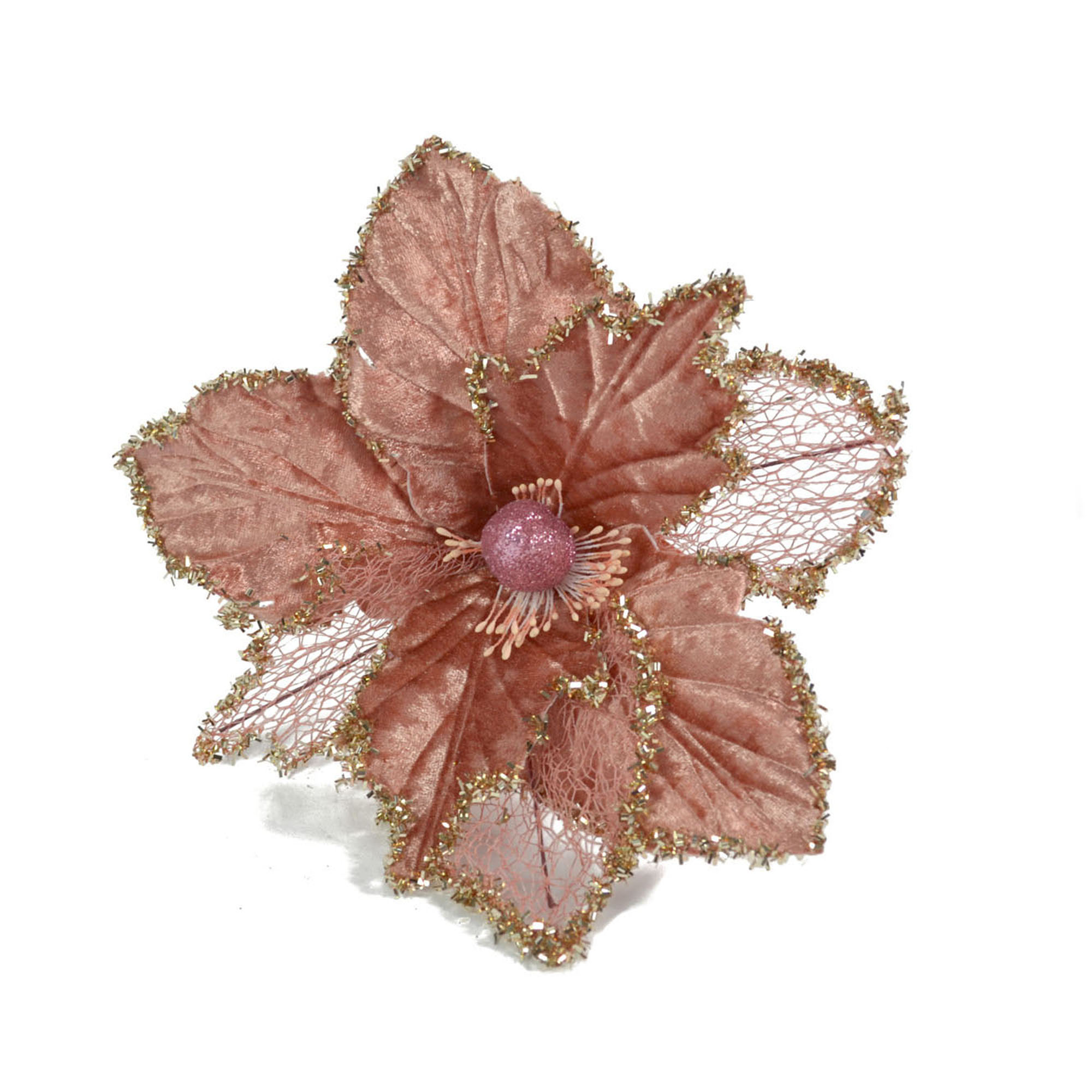 Flor natal&iacute;cia rosa de veludo com pin&ccedil;a 18cm
