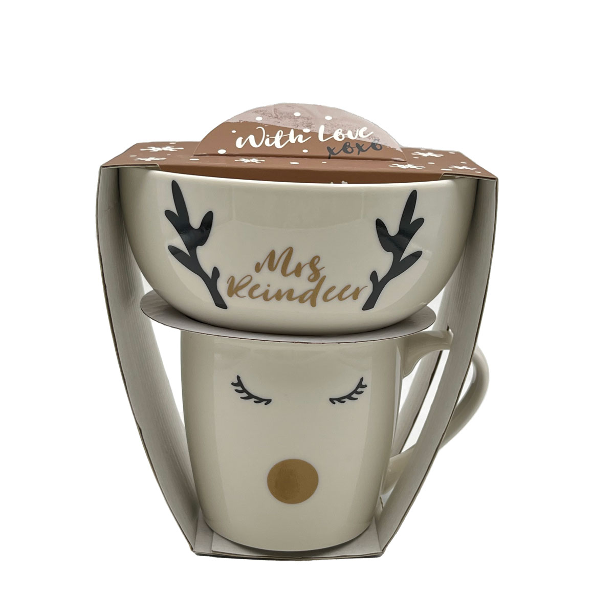 Conjunto caneca e tigela MRS. RENA em porcelana,  Conjunto caneca e tigela MRS. RENA em porcelana