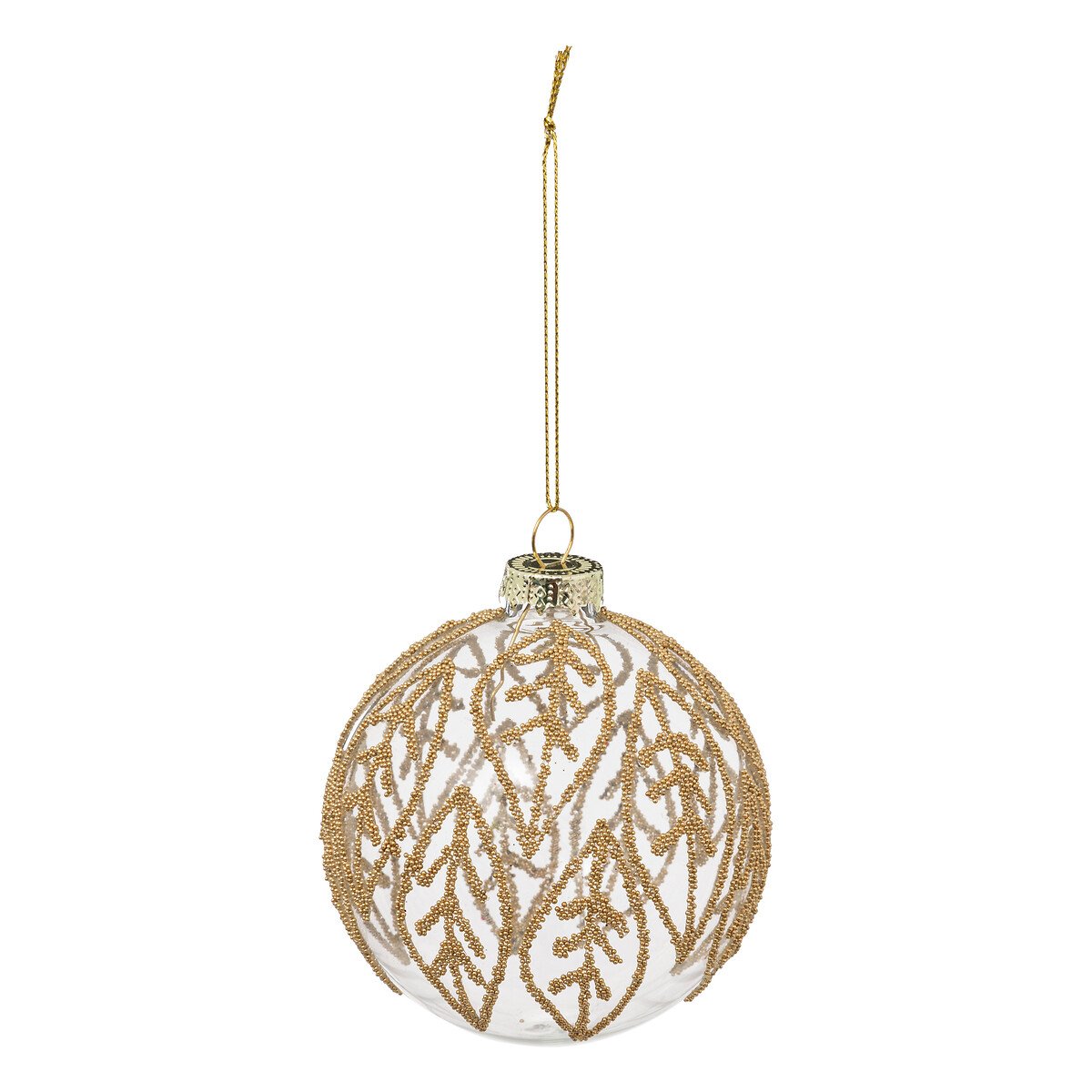 Pendurante bola transparente com folhas douradas 9cm